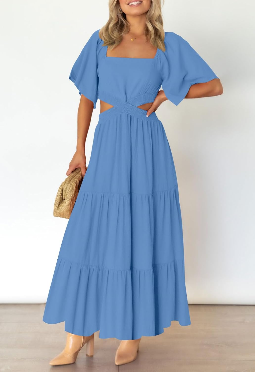 LEANI Women's 2025 Summer Cutout Maxi Dress Square Neck Short Sleeve Crossover Waist Casual Party Dresses - Image 7