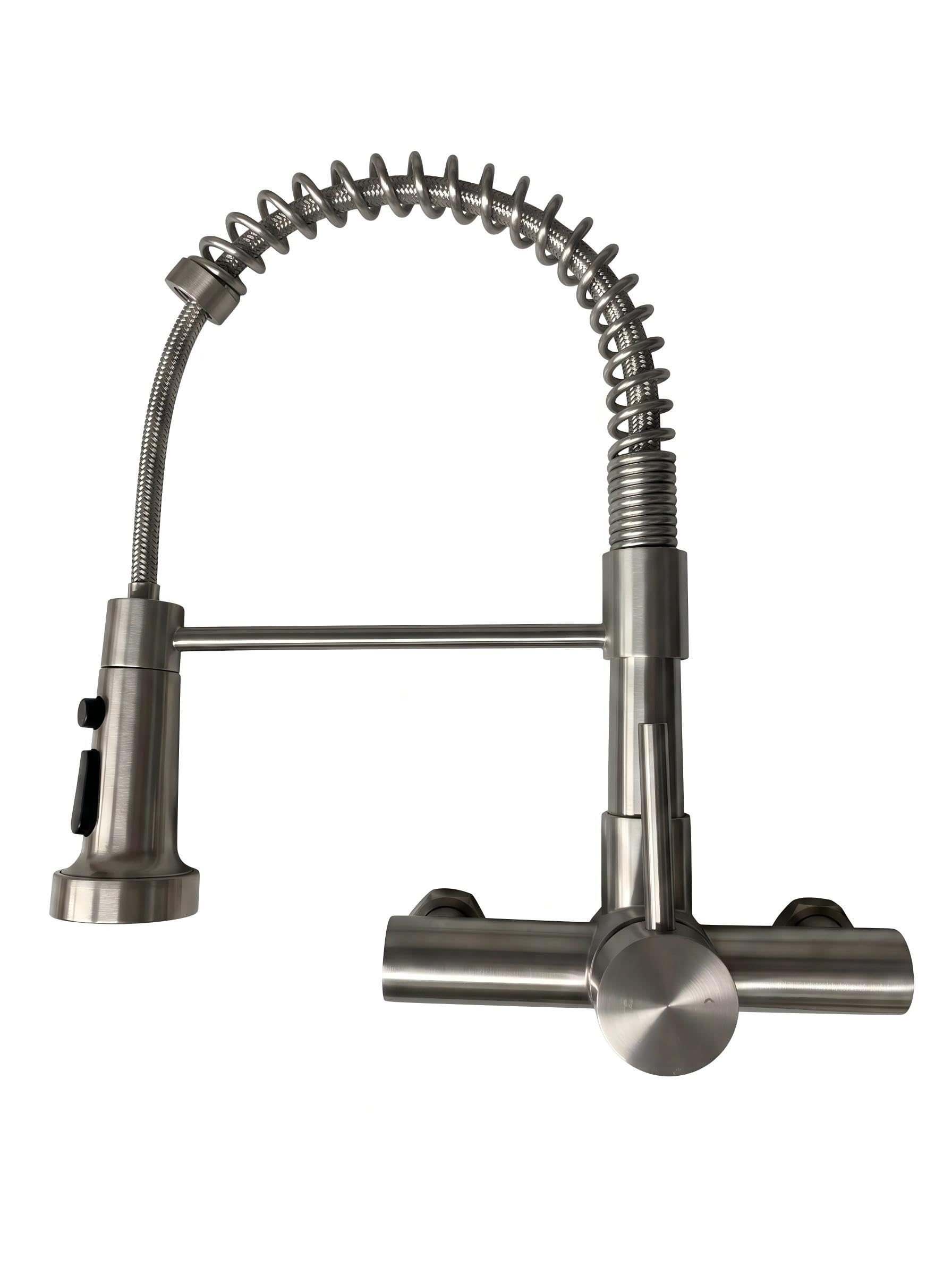 FORIOUS Grifo de Cocina de Pared con Ducha Extraíble, Grifo Monomando para Cocina con Caño Giratorio 360°, Diseño Moderno de Acero Inoxidable, Control con Una Sola Maneta