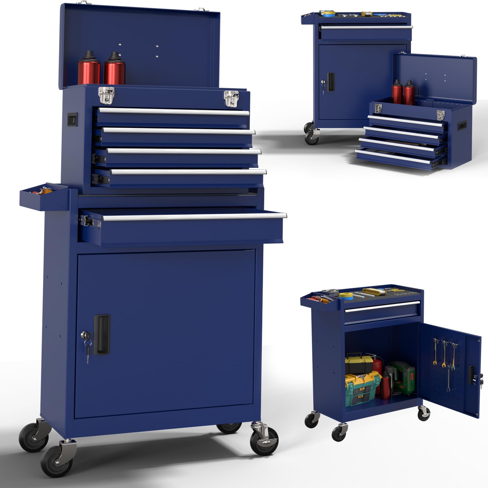 5-Drawer High Capacity Rolling Tool Chest, Removable Toolbox on Wheels Organizers, Lockable Tool Box Tool Storage Cabine with Drawers and Wheels for Workshop and Warehouse (Blue)