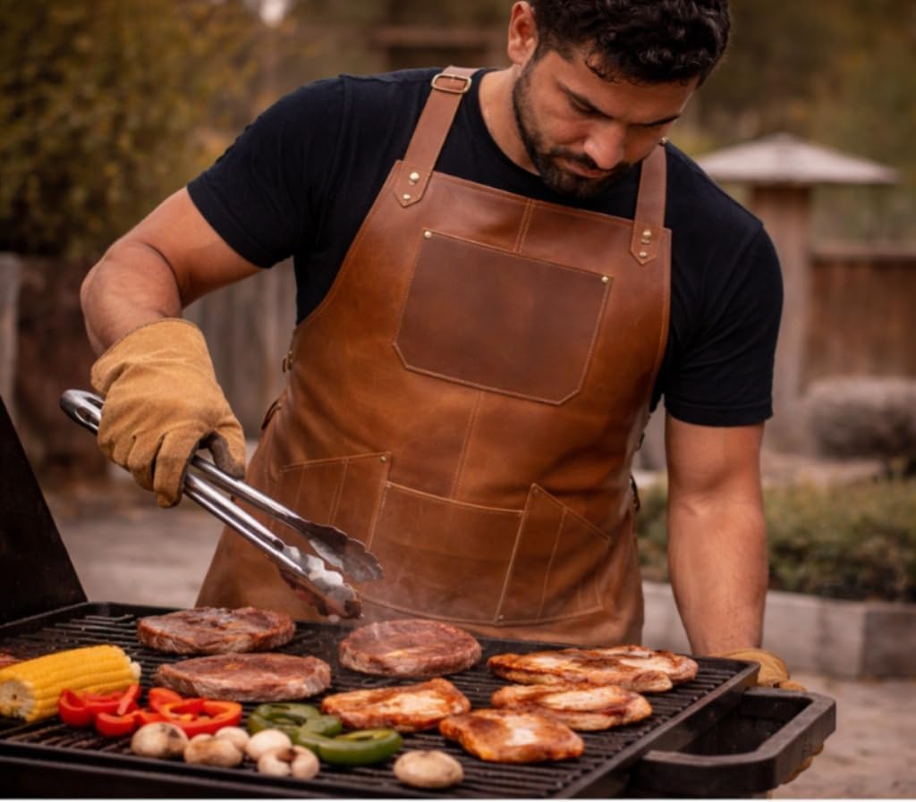 HEAVEN HUSH Genuine Leather Heavy Duty Aprons for Men with Adjustable Straps & Tool Pockets, Workshop, Mechanics, Blacksmith, Cooking, Carpentry, Welder, Shop, Bartender Apron (7 Pocket, Dark Brown)