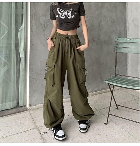 Sumleno Women Cargo Pants Baggy Y2K Clothing Multi Pockets High Waist Loose Straight Leg Pants Vintage Grunge Aesthetic Clothes (B Army Green,L)