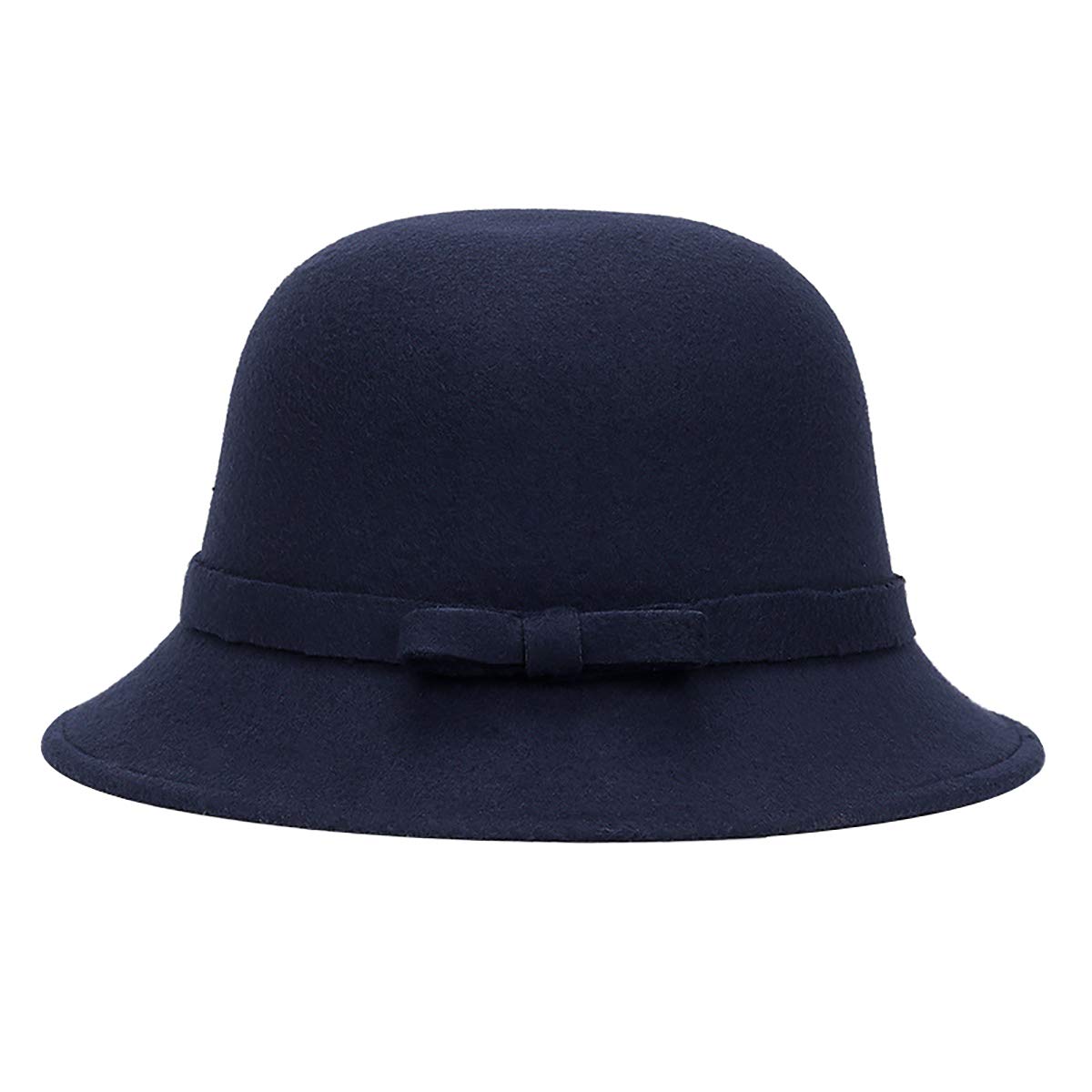 LKXHarleya Women's Cloche Round Hat, Wool Blend Felt Bucket Hat Vintage Bow Fedora Church Caps,Navy