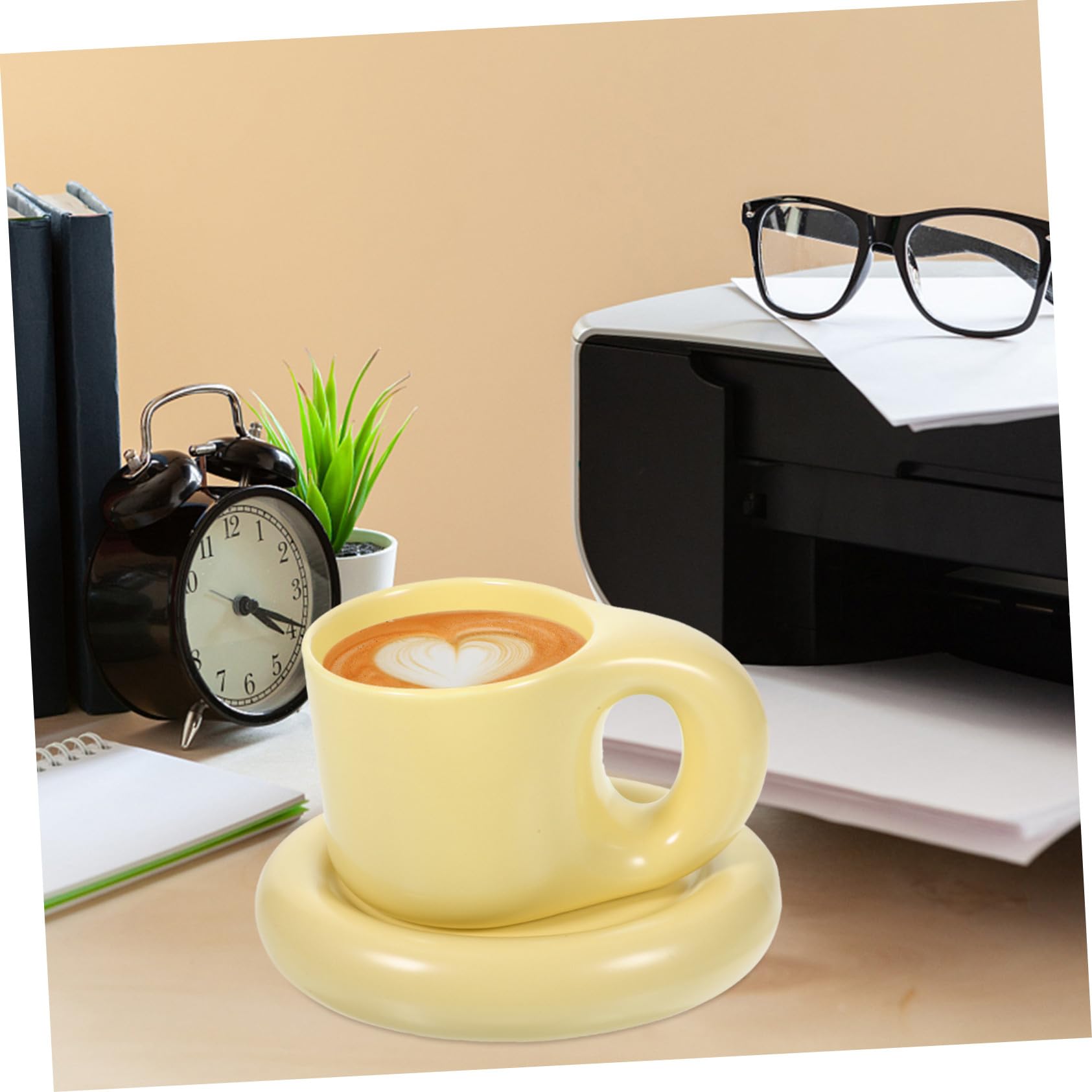 Kaffeebecher Multifunktions Gelb 300ml mit Untertasse aus Keramik Stilvolles Design Glatt und Grate für Zuhause und Büro