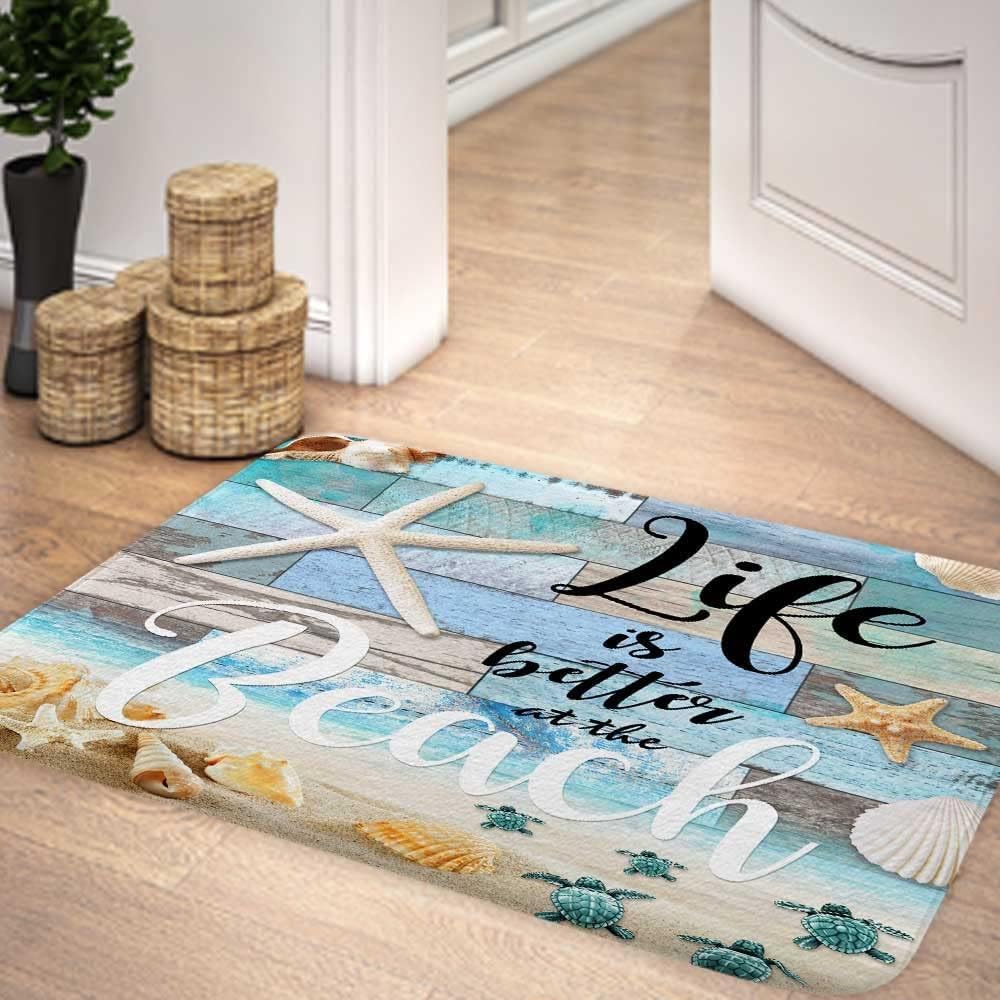 Beach Starfish Sea Shell Ocean Bathroom Rugs Mat, Non Slip Rustic Beach Bath Rugs for Bathroom, Durable Rustic Wooden Flannel Mat Rug, Absorbent Water Clearance Mats for Laundry Room Kitchen,17X48