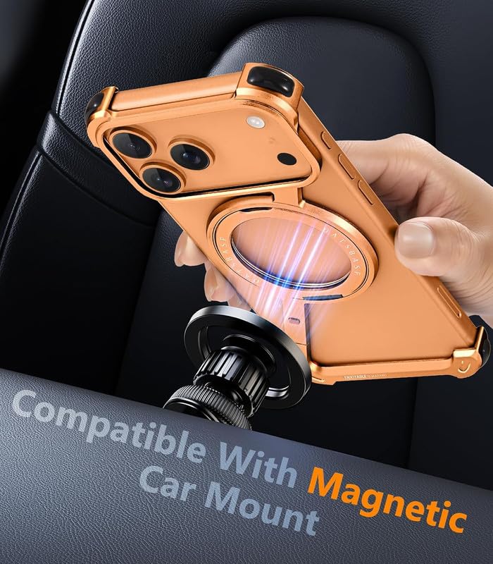 Image of Z Shaped Frameless Metal Bumper Compatible with iPhone 17 Pro Max with 360 Rotate Ring Kickstand | Luxury Aluminum Armor Case | Super Slim Metal - Orange Titanium