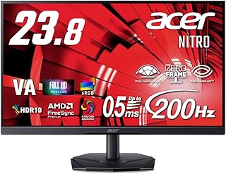 Acer 23.8インチ フルHD 200Hz 0.5ms(GTG) 広視野角 VA 非光沢 sRGB 99% AMD FreeSync Premium HDR10 ブラックブースト VRB対応 ブルーライト低減 HDMI 2.0 DisplayPort v1.4 Acer Display Widget Nitro ゲーミングモニター 3年保証(パネルは1年) KG241YX3bmipx