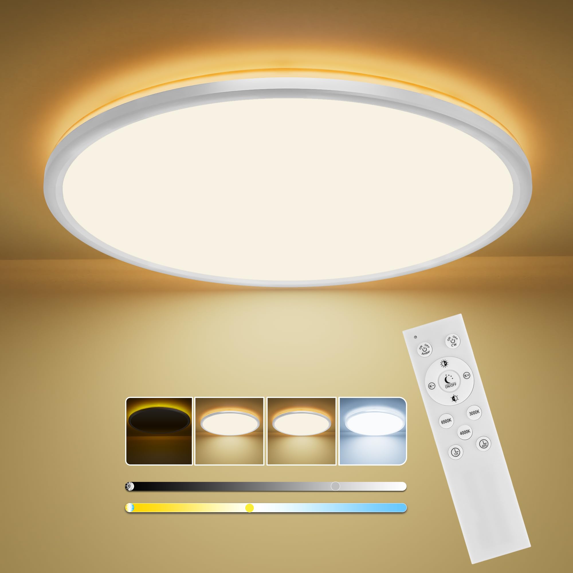 LuJasi Dimmable Ceiling Lamp, 36W 3600LM LED Ceiling Light with Remote Control, 1800K Night Light, 3000K-6500K Slim Ceiling Lamp for Bedrooms Children's Rooms Living Rooms Ø30 (29CM)