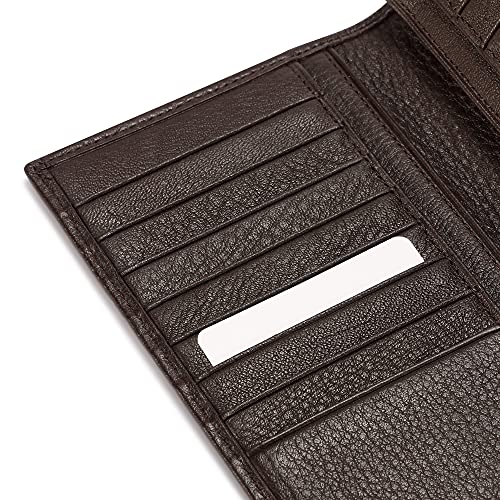 Image of HISCOW Full Grain Leather Men's Long Wallet, 15 Card Slots, Pebbled Coffee, 6.97 inchH x 3.5 inchW x 0.98 inchD, Classic | Gusseted bill compartment, tall bifold design, clear ID window, ideal for coat pockets or briefcases, turned-edge, gift box