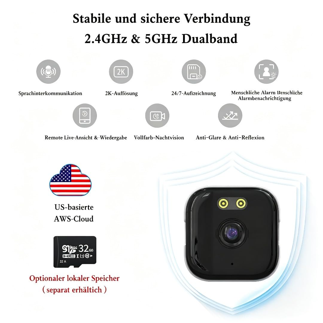 ANYQOO Fensterkamera Innen, 3MP 2K 2,4G & 5GHz Dualband WiFi, 2er-Pack | KI-Farbnachtsicht, 108° Weitwinkel, 3-fach Zoom, 24/7 Aufnahme, Anti-Reflex, ohne Bohren, Personen-/Fahrzeugerkennung