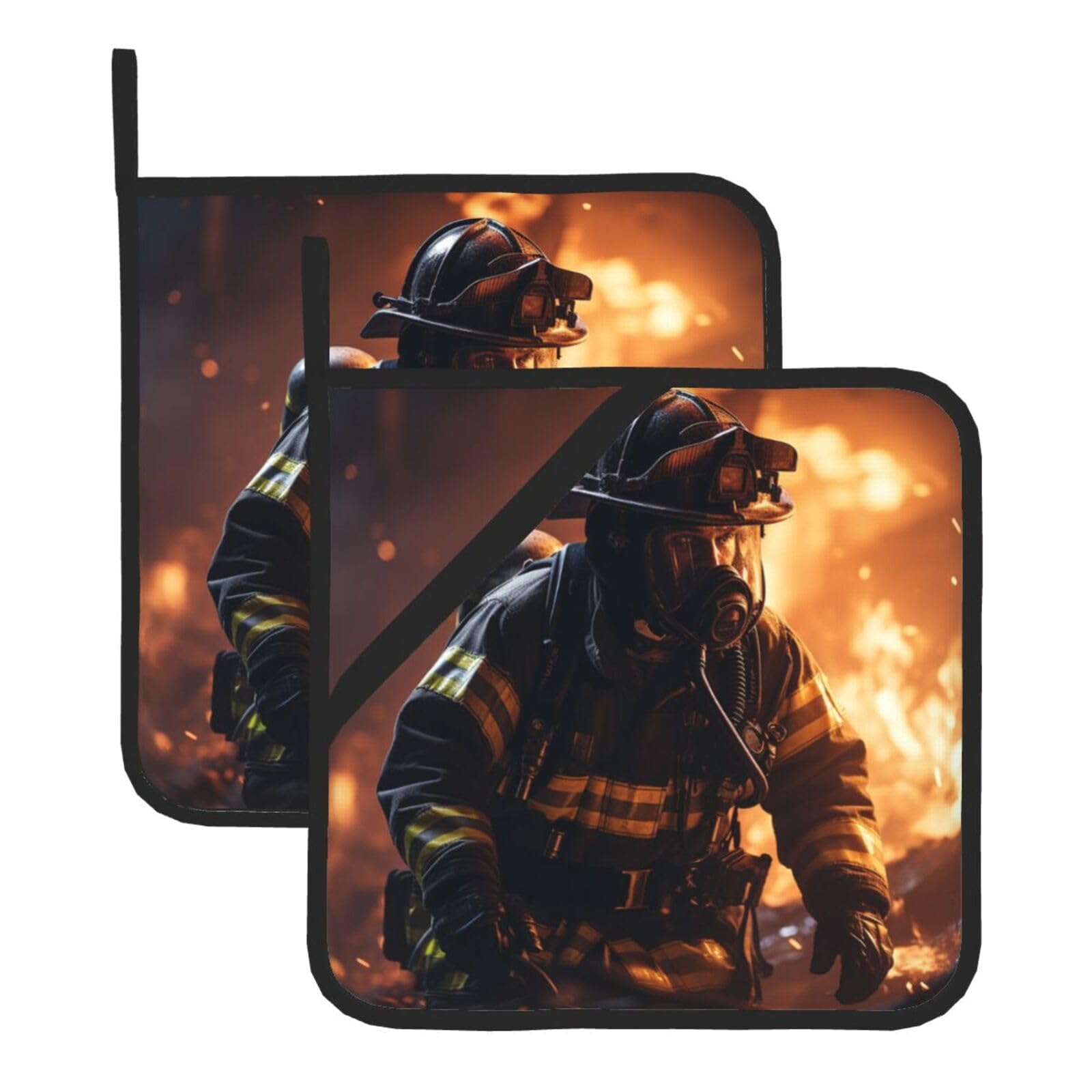 Pot Holders Set of 2 Heat Resistant Oven Hot Pads Firefighter Fireman Flame Pot Holders Soft Cotton Lining Potholders Non-Slip Kitchen Potholders for Cooking Oven BBQ Baking Kitchen Accessories