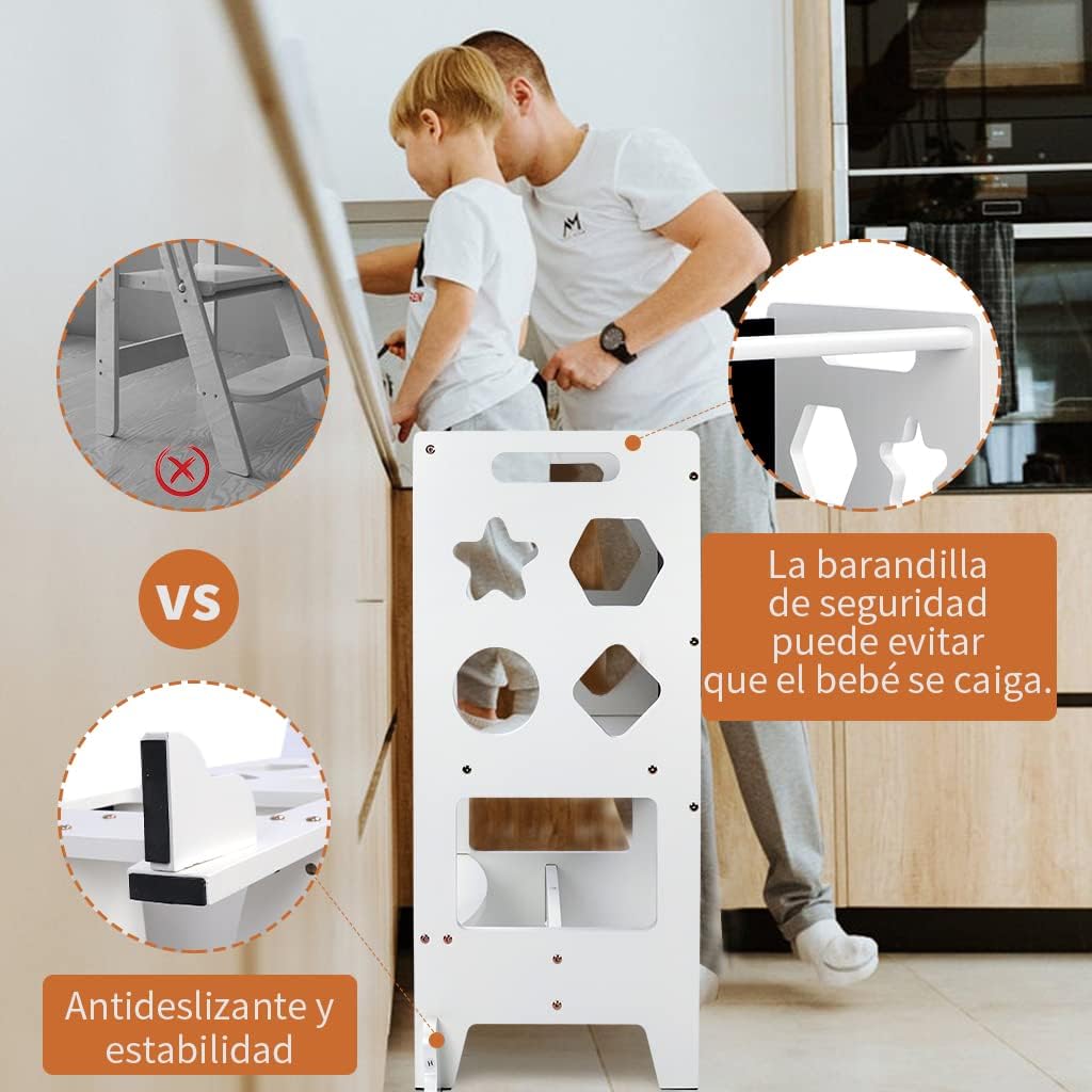 Dripex Torre de Aprendizaje de Madera, Taburete de Cocina para Niños, Torre Montessori bebés, Learning Tower con Pizarra Negra,Taburetes para bebé (Blanco - Estrella)