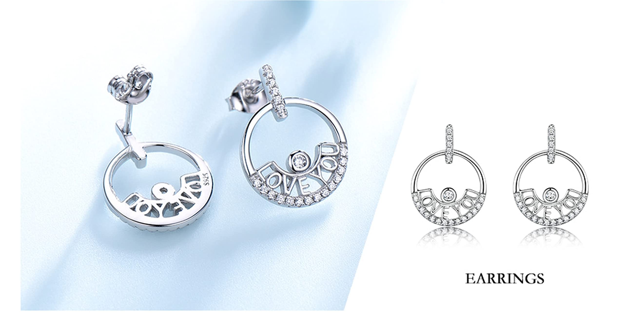 Conjuntos de joyas de boda para mujer, plata de ley, juego de joyas de plata, conjunto de joyería simple Love You pulsera, anillo, aretes y collar, conjuntos de joyería nupcial, 40+5 CM, Circonita