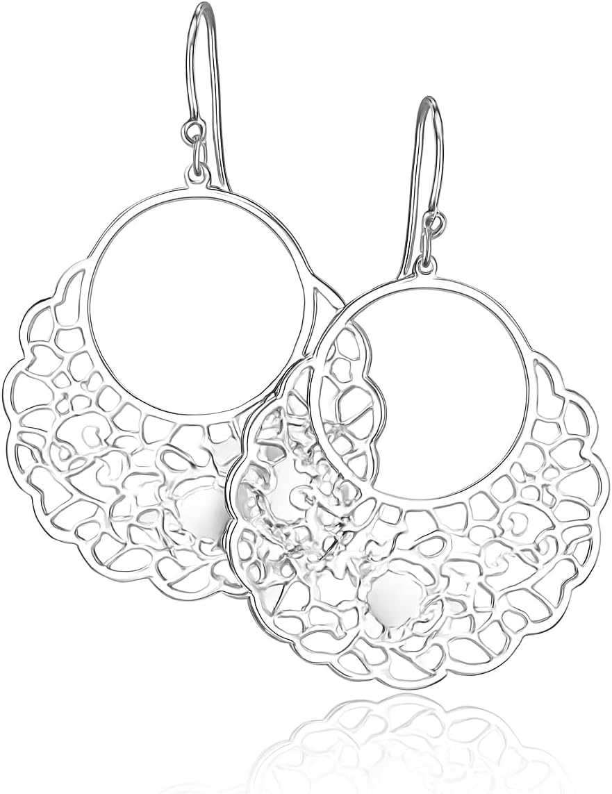 Lasercut Floral Hoops on Sterling Silver Earrings Bohemian Boho Statement Jewelry