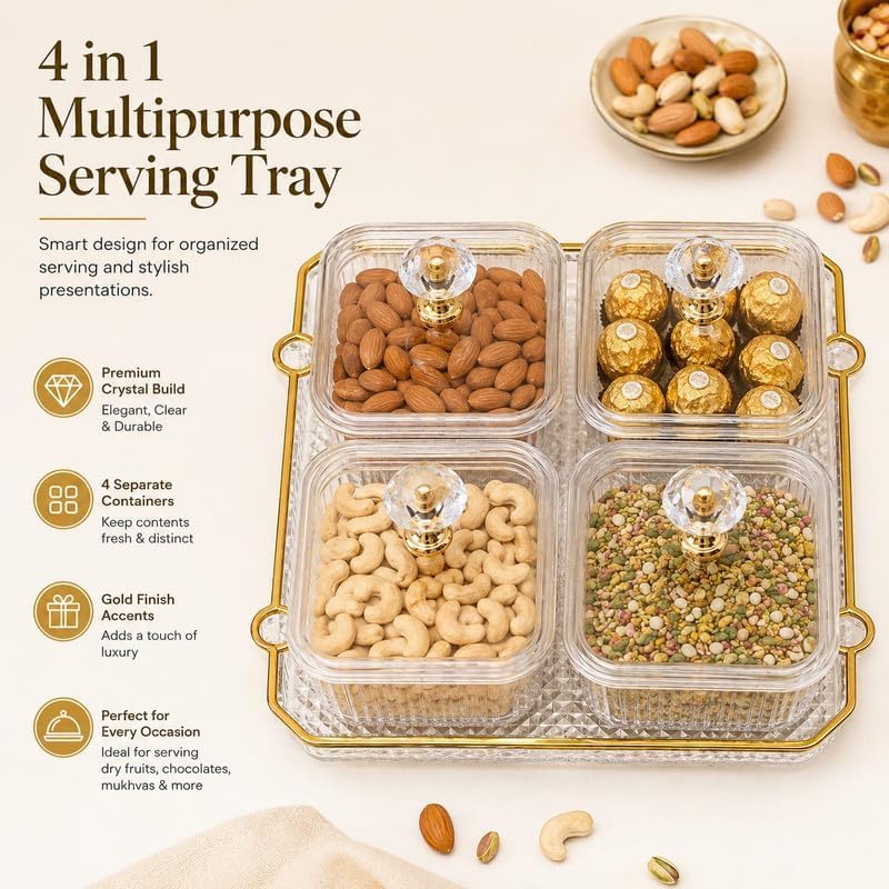 Image of Airtight Dry Fruit Container Tray Set with Lid | Candy Serving Tray With 4 Bowls - Snack, Nuts, Chocolates & Mukhwas | Multi-Function Storage Box| Acrylic Serving Dishes Box| Diwali & Wedding Gift Box