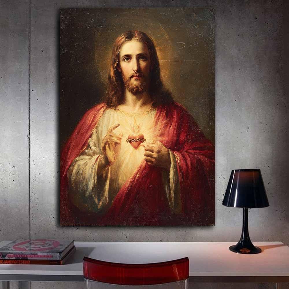 HUYEEI Obraz Jezusa w stylu vintage, serce, bardzo trzymający, Święte Serce, plakat, Bóg Chrystus, religijny, katolicki, obraz na płótnie, do dekoracji kościoła (biały) - 70 x 100 cm, oprawiony