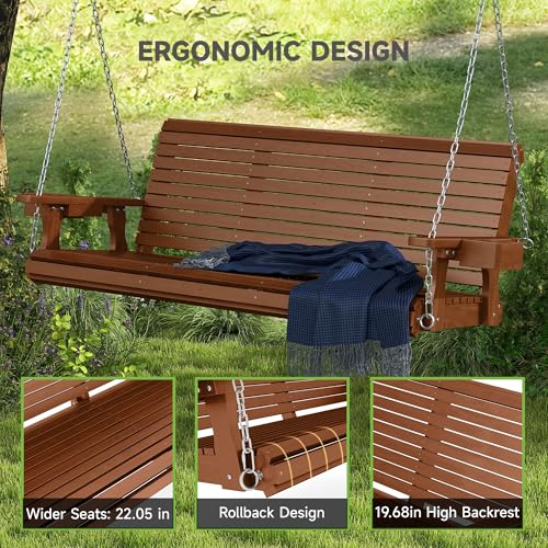 Real Relax Front Porch Swing, Wooden Upgraded 3 Person Seat Bench Swing Hanging Chair with Cup Holders, Heavy Duty 880 Lbs, 22" Deep Seat for Outdoor, Patio, Backyard, Garden, 5 FT (Teak Tone) by Real Relax - Image 2