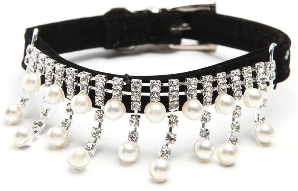 Cute Pet Rhinestone Pearl Pet Dog Cat Collar Bling Brilliant with Belt and Bell Kitten Collar Necklace Black