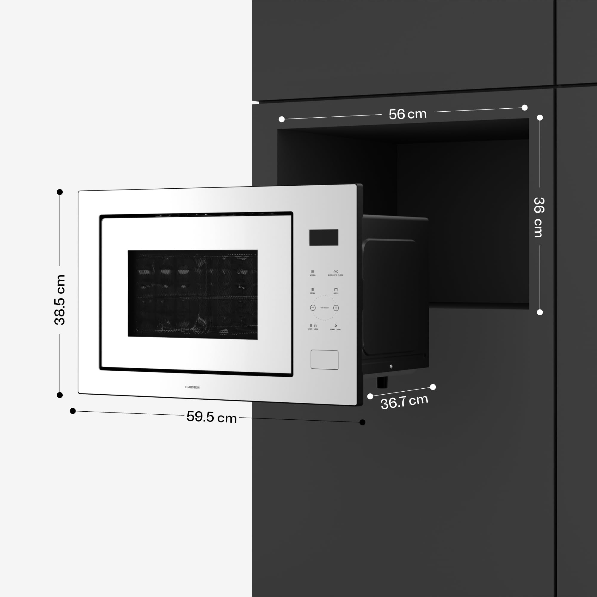 Klarstein Velaire do zabudowy mikrofalowej, 25 litrów z grillem - 850 W, grill 1200 W, 8 programów, sterowanie dotykowe, stal nierdzewna, taca 31,5 cm - do zabudowy w kuchence mikrofalowej, biała