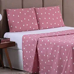 Jogo de Lençol SOLTEIRO 3 Peças 100% Algodão 200 Fios Lençol Com Elastico Lençol e Fronha Lençol de Cima ESTAMPADO CAMA BOX E COMUM (SOLTEIRO 3 PEÇAS, CORAÇÃO/ROSA)