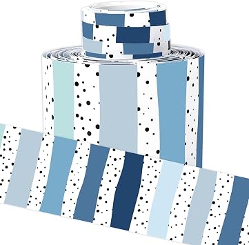 Whaline 32.8 Ft Summer Classroom Bulletin Board Borders Dusty Blue Color Dot Stripe Die-Cut Rolled Border Trim for Back to School Winter Chalkboard Wall Decoration