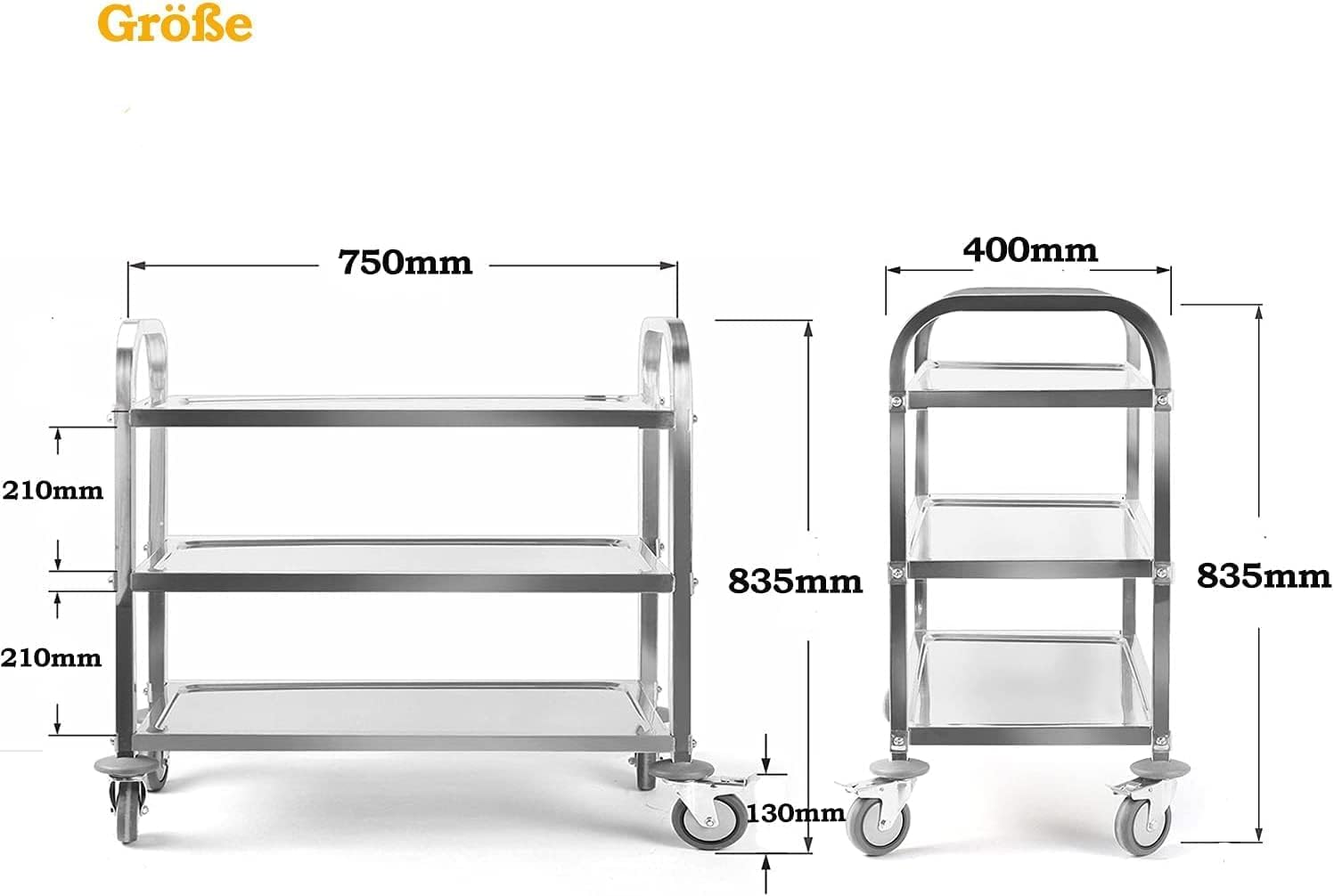 Generisch Carrello da servizio, 75 x 40 x 83,5 cm, in acciaio inox, con 4 ruote girevoli a 360°, per ristorante, cucina o hotel