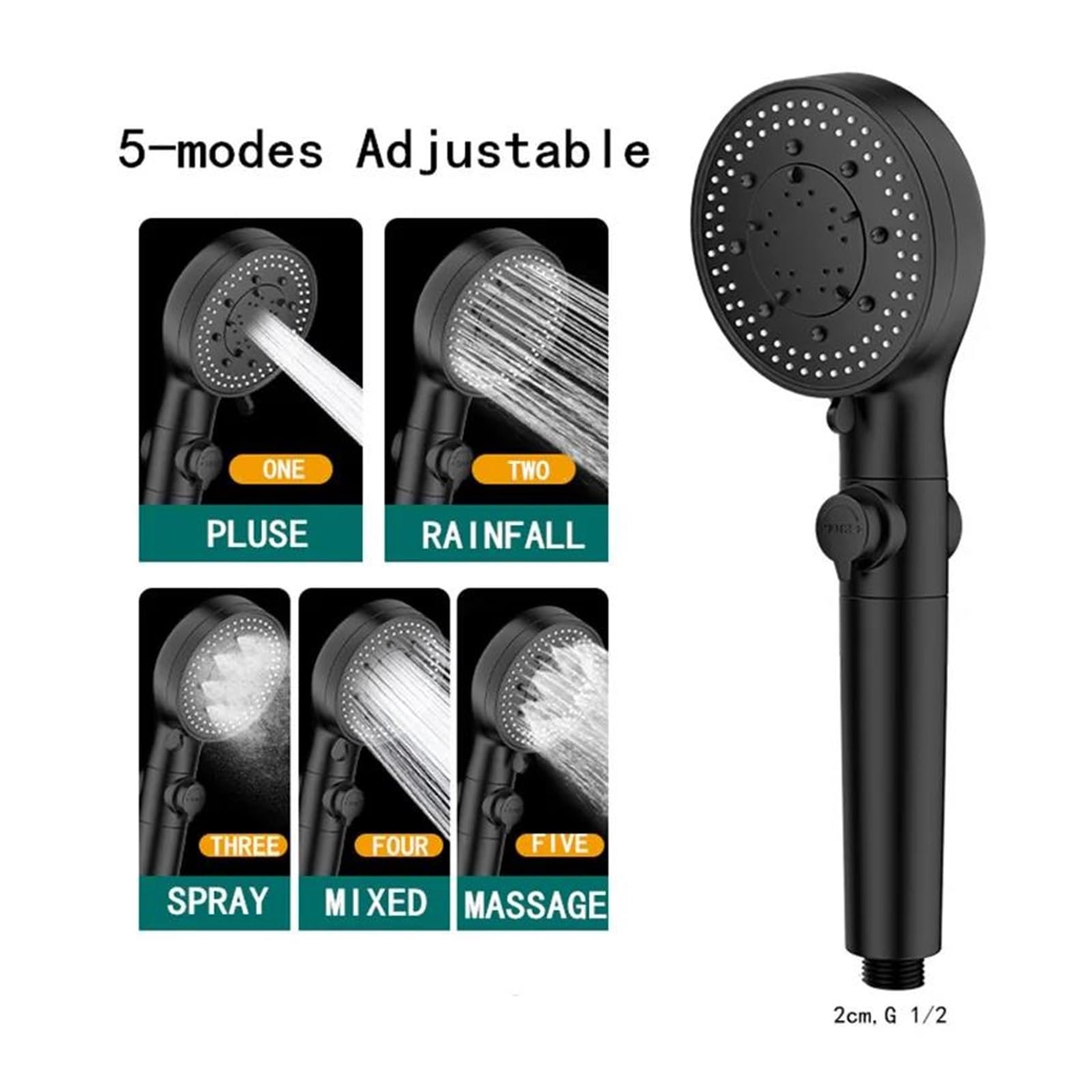 Soffione doccia ad alta pressione 5 funzioni con pulsante di commutazione spruzzo risparmio idrico doccia regolabile(Black shower)