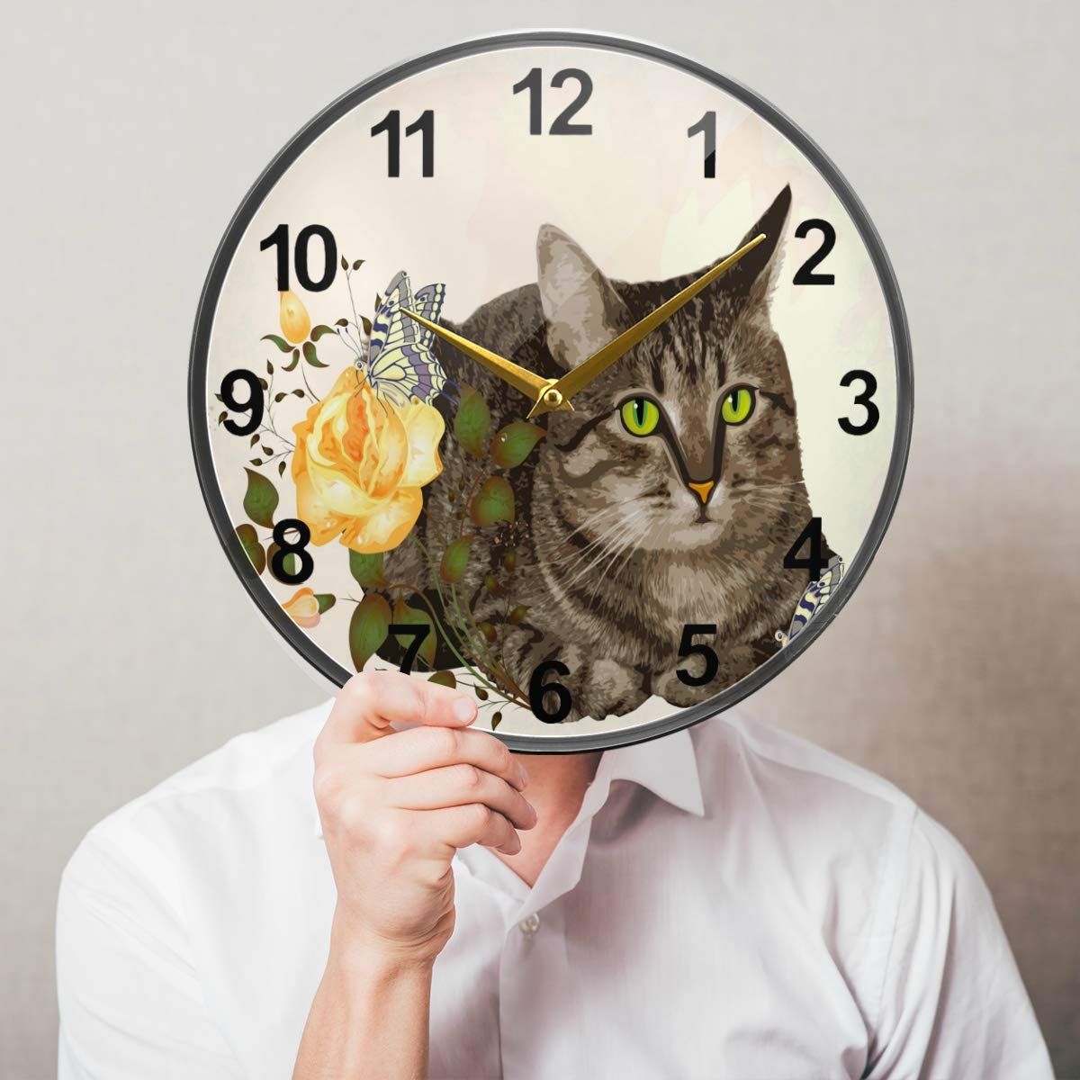 Mnsruu - Orologio da parete rotondo a forma di gattino, silenzioso, per camera da letto, soggiorno, ufficio, scuola, casa
