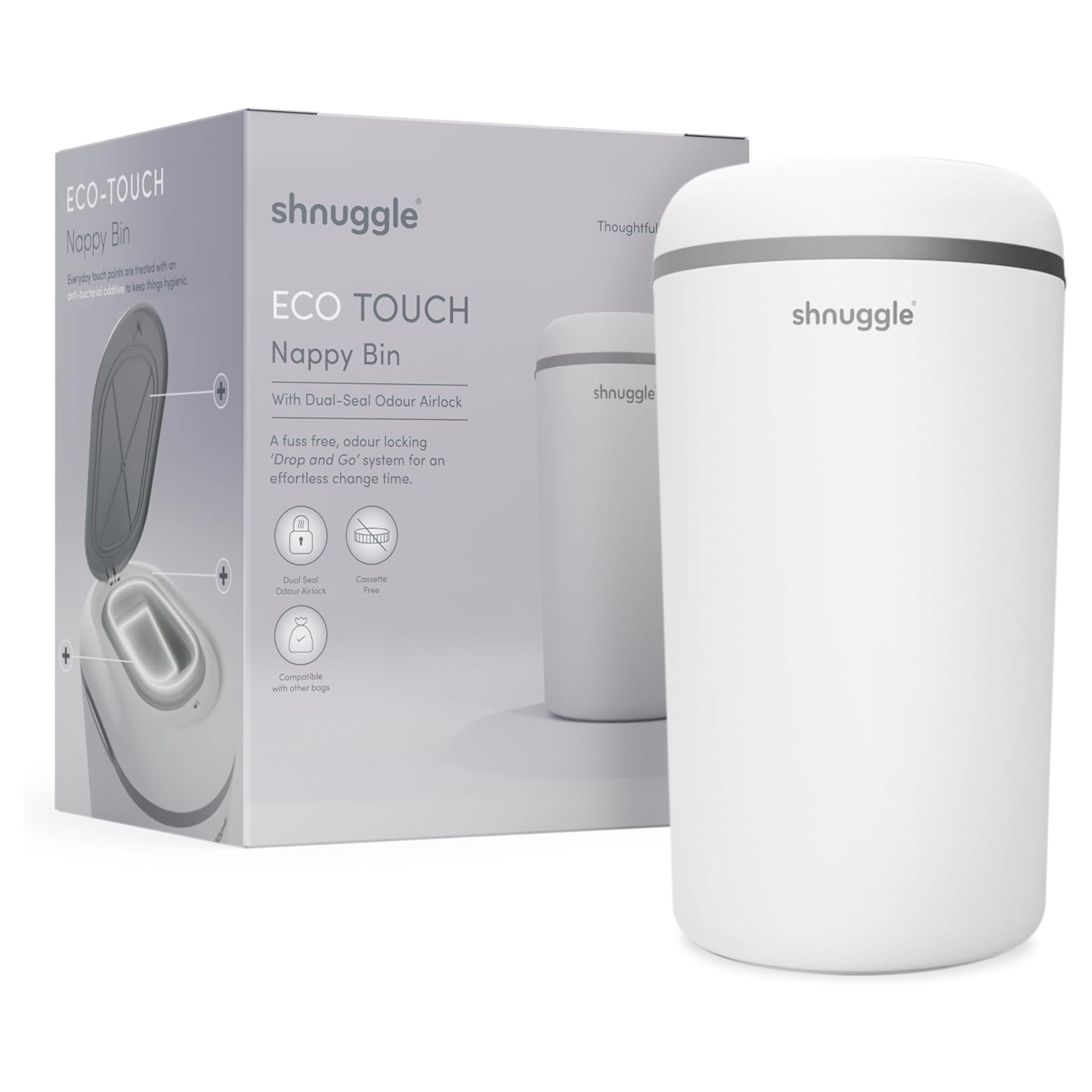 Shnuggle Eco-Touch Nappy Bin (Diaper Pail) | Eco-Friendly Nappy Disposal System | No Costly Refills – Use Any Bag | Dual-Seal Odour Lock | Easy-Clean, One-Hand Drop-and-Go Bin