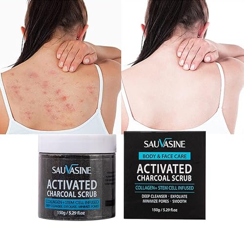 Activated Charcoal Scrub, Naturals Charcoal Exfoliating Body Scrub Polish With Collagen & Stem Cell Gentle Body Exfoliator, Best Shower Scrub Skin Exfoliant For Men & Women 150G #TOP1