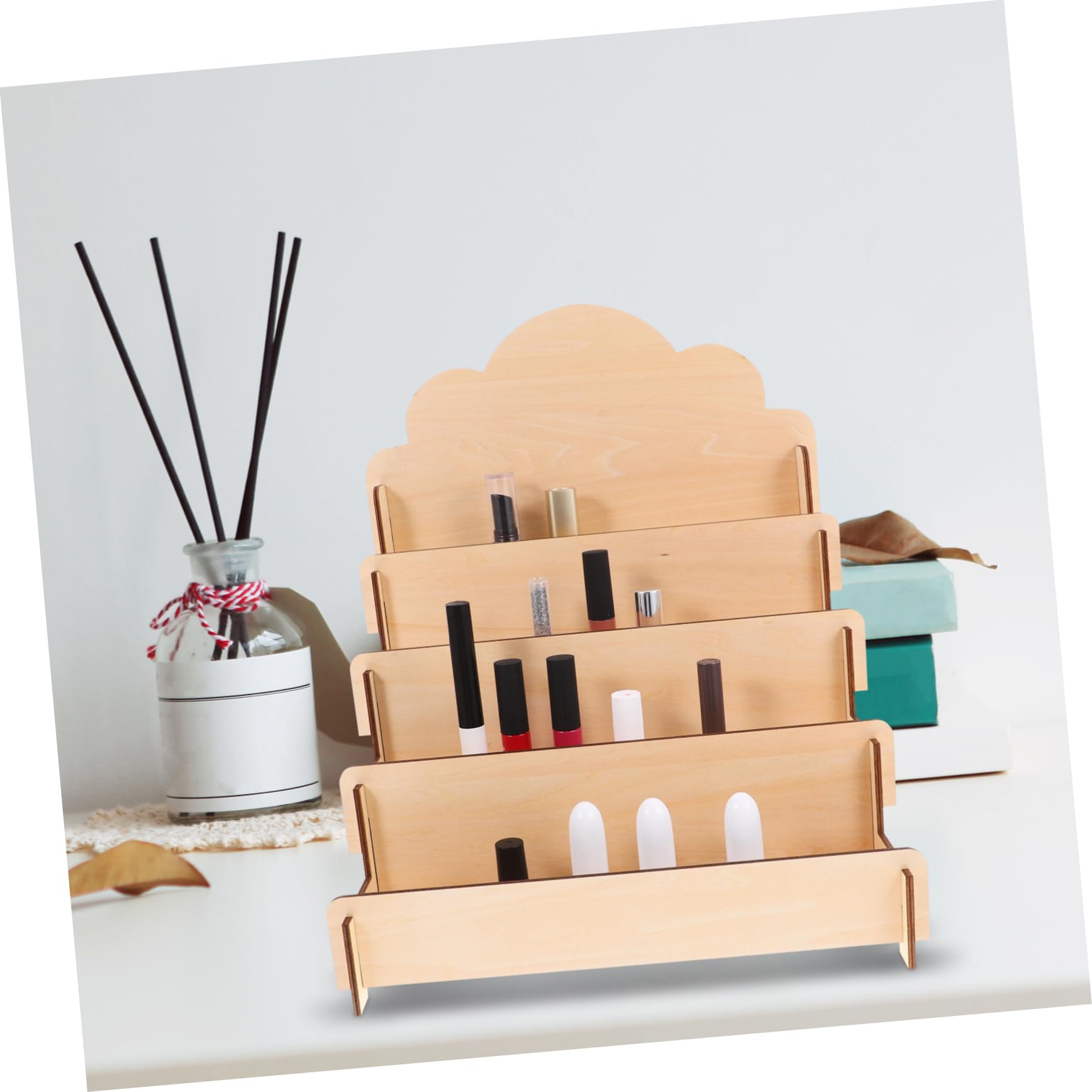 Expositor de Tarjetas de Madera Beige Niveles para Mostrador | Organización en Sobremesa, Estructura Escalonada, Diseño Simple Moderno
