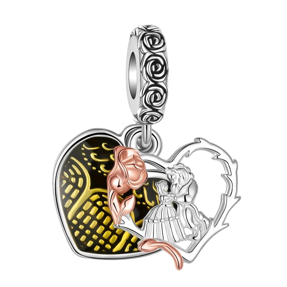 GenéricoAbalorio Colgante Corazón de Oro Rosa de la Bella y la Bestia Princesa de Disney para Pulseras PANDORA Collar Pulsera Europea Charms para Mujer Niña