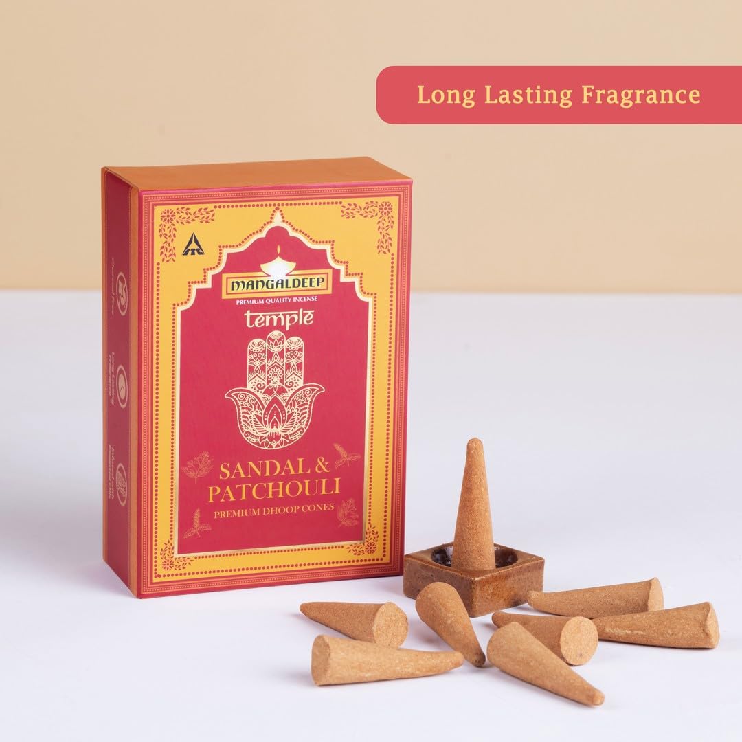 Mangaldeep Temple Premium Bambooless Dhoop Cones - Sandal & Patchouli - Ceramic Stand Inside - Charcoal Free (40 Cones) - Image 4 thumbnail