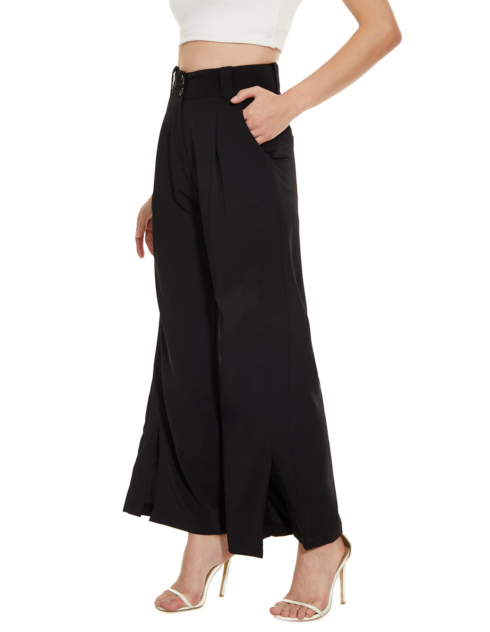 Photo 1 of Women's Pleated Front Palazzo Pants for Work Business Casual Wide Leg Hight Waist Split Side Trousers Double Button Black-S