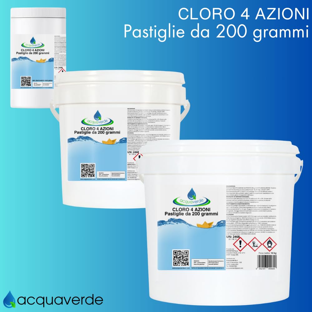 acquaverde | Cloro 4 AZIONI in Pastiglie da 200 grammi - 25 kg di Multiazione per Piscina, Trattamento Multifunzione: Clorante, Antialghe, Stabilizzante del Ph e Flocculante per Acqua di Piscine