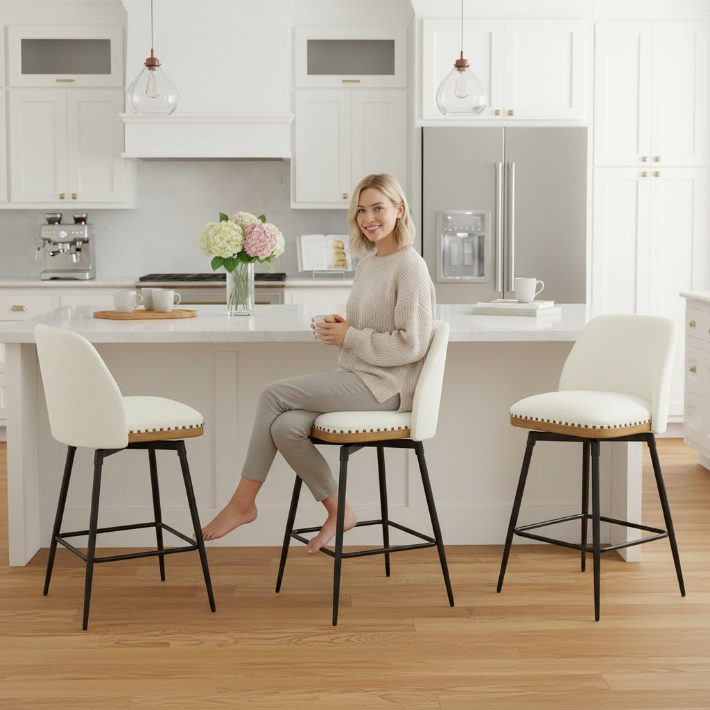 Swivel Counter Height Bar Stools Set of 4, 26" Upholstered Linen Fabric Bar Stools with Back, Wood Trim, Upholstered Counter Chairs for Kitchen Island, Chenille White