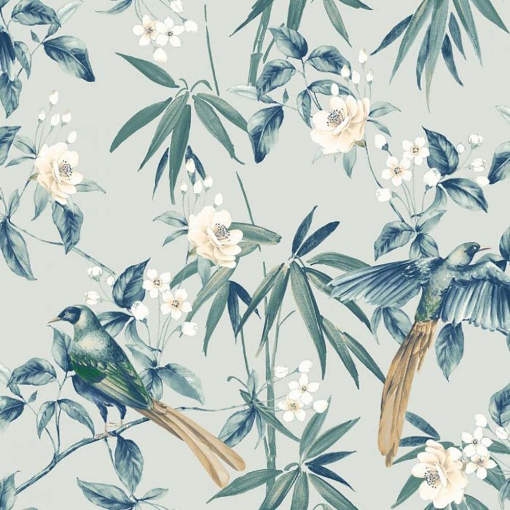 Yöl Blue/Grey Oriental Floral Birds Wallpaper - Flower Blossom Nature Modern Contemporary Feature Wall Bedroom