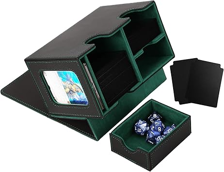 Venssu MTG Deck Box for Commander Display with dice tray,Card Deck Box Fits 160 Double Sleeved /200 Single Sleeved trading Cards, Deck Box TCG with 2 Dividers and 1 magnetic card holder (Black&Green)
