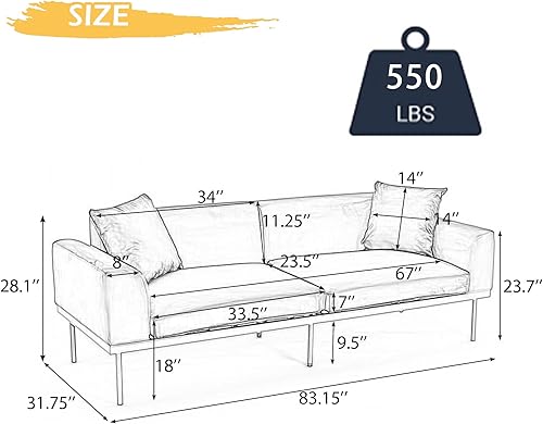 Miniatura 2 de RIDFY Moderno sofá biplaza de 83 pulgadas con patas de metal, sofá biplaza de terciopelo copetudo con dos almohadas, sofá de mediados de siglo con