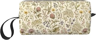 Vintage Wildflower Small Makeup Bag 600D Oxford Travel Organizer | Cottage Garden Floral Cosmetic Pouch, Lightweight Organizer for Makeup, Toiletries, Travel Essentials, Gym and Daily Use