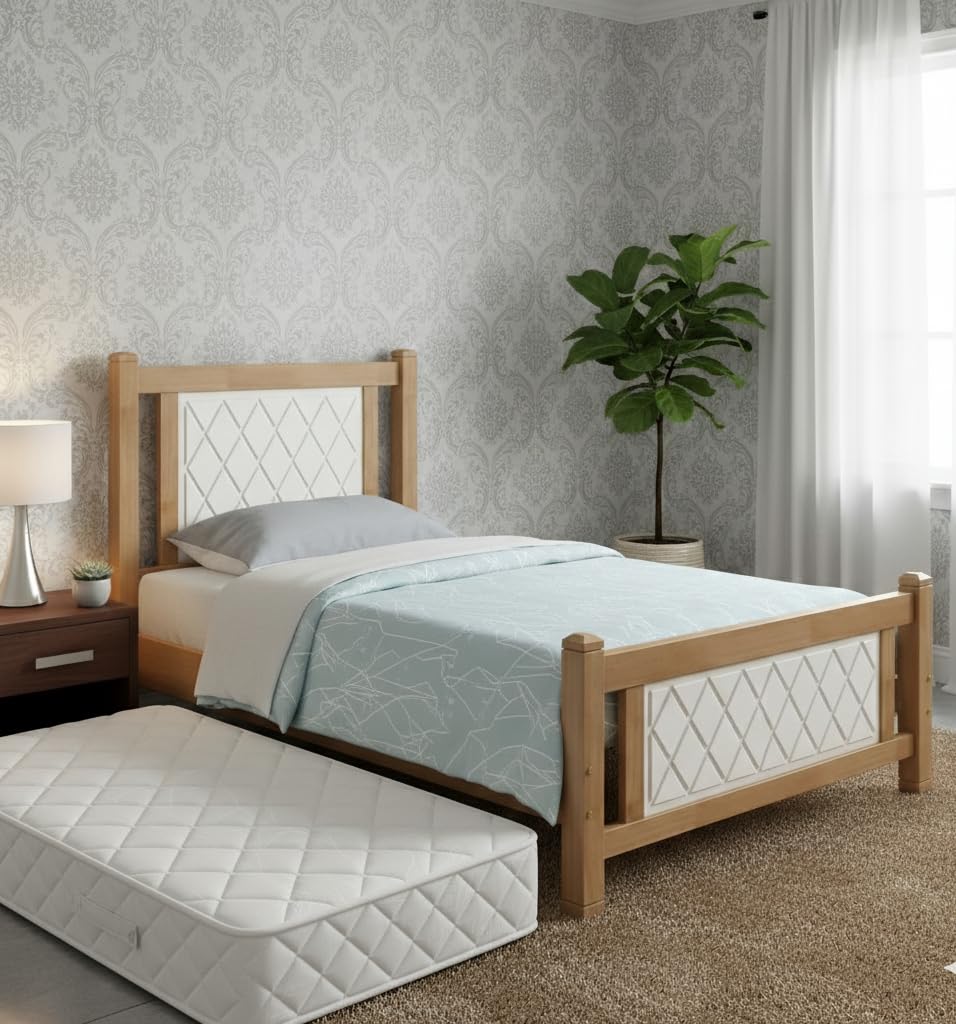 Furniture4Us Modern & Sublime Design Fully Solid Wooden Single Bed Frame With Medical Mattress Size (90x190 cm) F4US-102-90 (OAK)