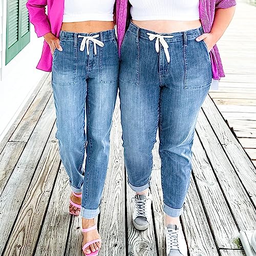 Gumipy Women's Pull On Denim Joggers Elastic Waist Stretch Drawstring Jeans with Pocket Casual Baggy Cropped Jeans2