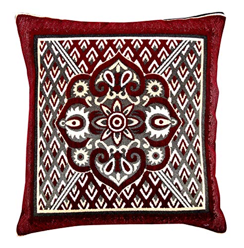 Image of Nendle Jacquard Weaved Decorative Velvet Cushion Cover /Sofa Pillow Cover Set Of 5 Pieces (Maroon, 16X16 Inches), 500 TC