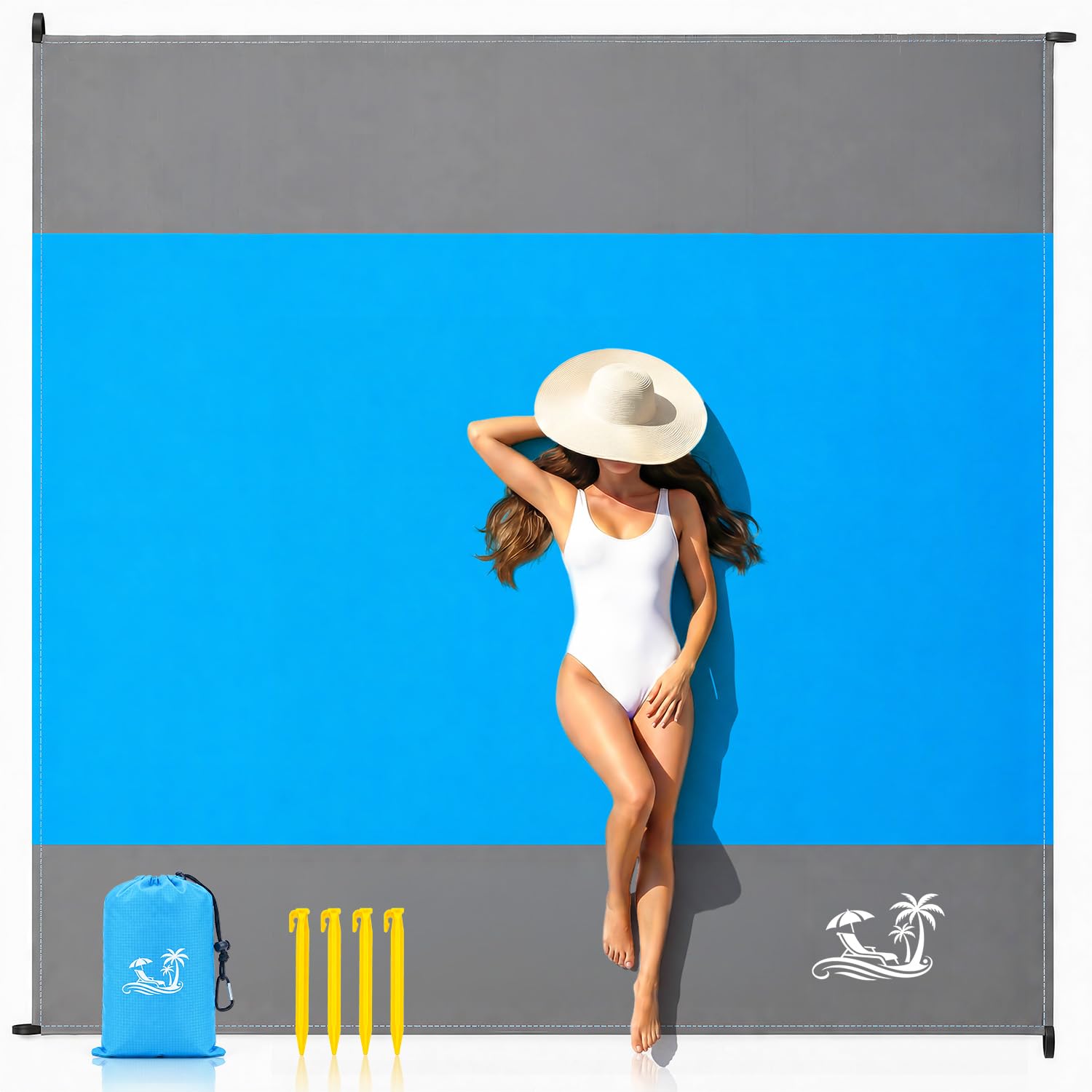 Solnery Large Beach Blanket Waterproof Sandproof, Beach Mats Sand Free, Portable, 4 Stakes, 245 x 200 cm, Fits 1–7People, for Seaside, Picnic & Camping