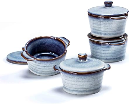 Henten Home Ceramic 8 oz Ramekins with Lid, Porcelain Mini Cocotte with Handle Set of 4, Reactive Glaze Samll Casseroles Dishfor Baking, Custard Cup, Pudding, Creme brulee Light Blue
