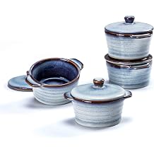 Henten Home Ceramic 8 oz Ramekins with Lid, Porcelain Mini Cocotte with Handle Set of 4, Reactive Glaze Samll Casseroles Dishfor Baking, Custard Cup, Pudding, Creme brulee Light Blue