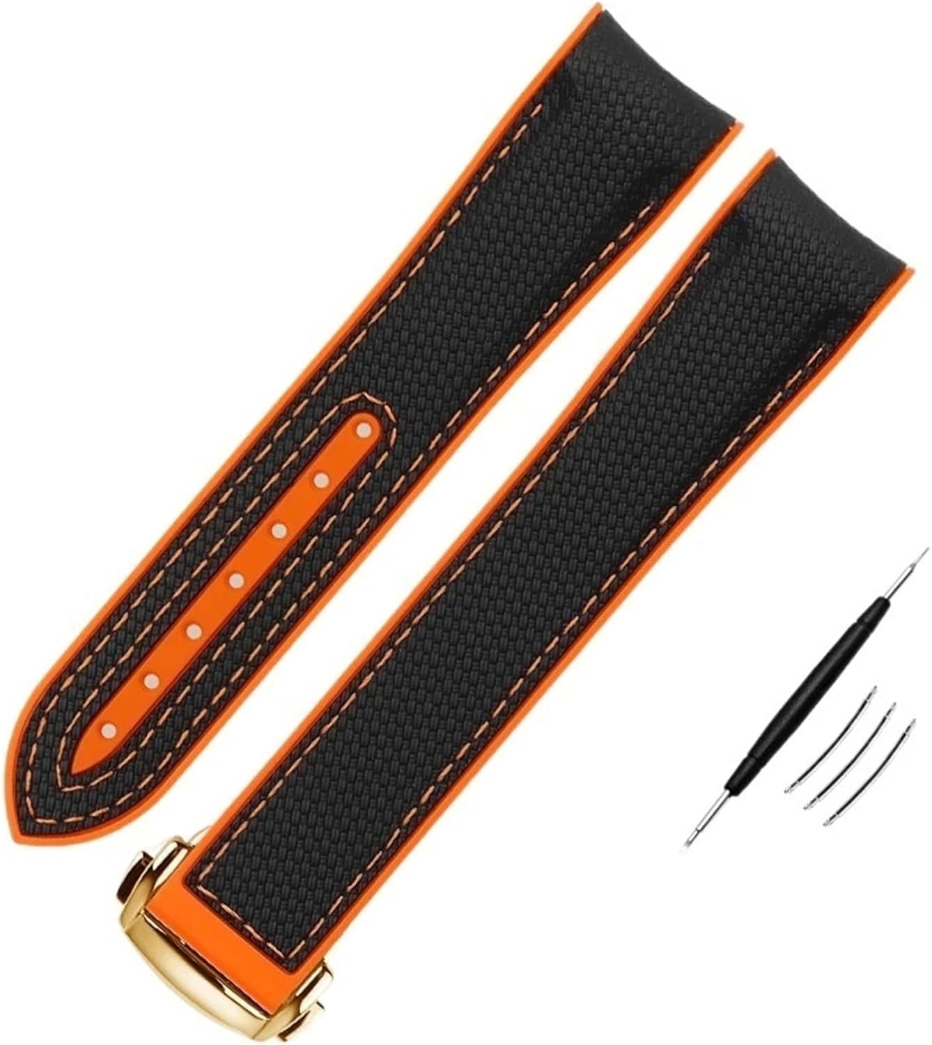 CZKE High Density Nylon Silicone Watchband for Omega Watch Band 20mm 21mm 22mm Rubber Watch Strap Folding Clasp Curved End Wristwatches Belt(BK-Orange Gold,19mm)
