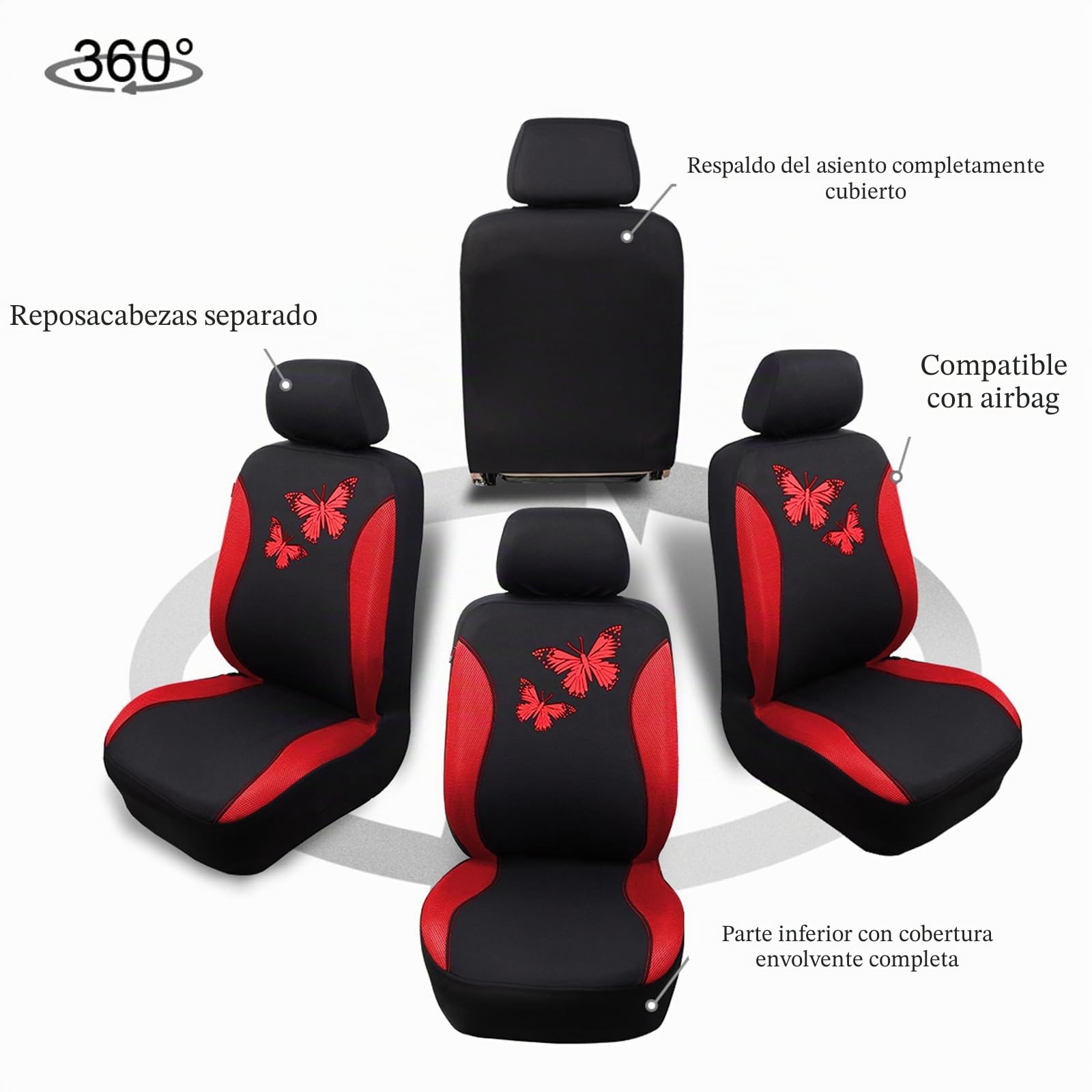 Flying Banner Fundas de Asiento de Coche de Malla Transpirable, Motivo Mariposa de Colores, Protección Compatible con airbag (Juego Completo, Rojo)