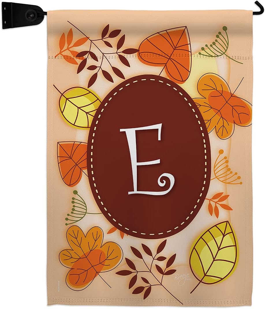 Autumn E Initial Garden Flag Set with Stand Monogram Falltime Harvest Scarecrow Pumkins Sunflower Leaves Season Autumntime Gathering Small Gift Yard House Banner Made In USA 13 X 18.5