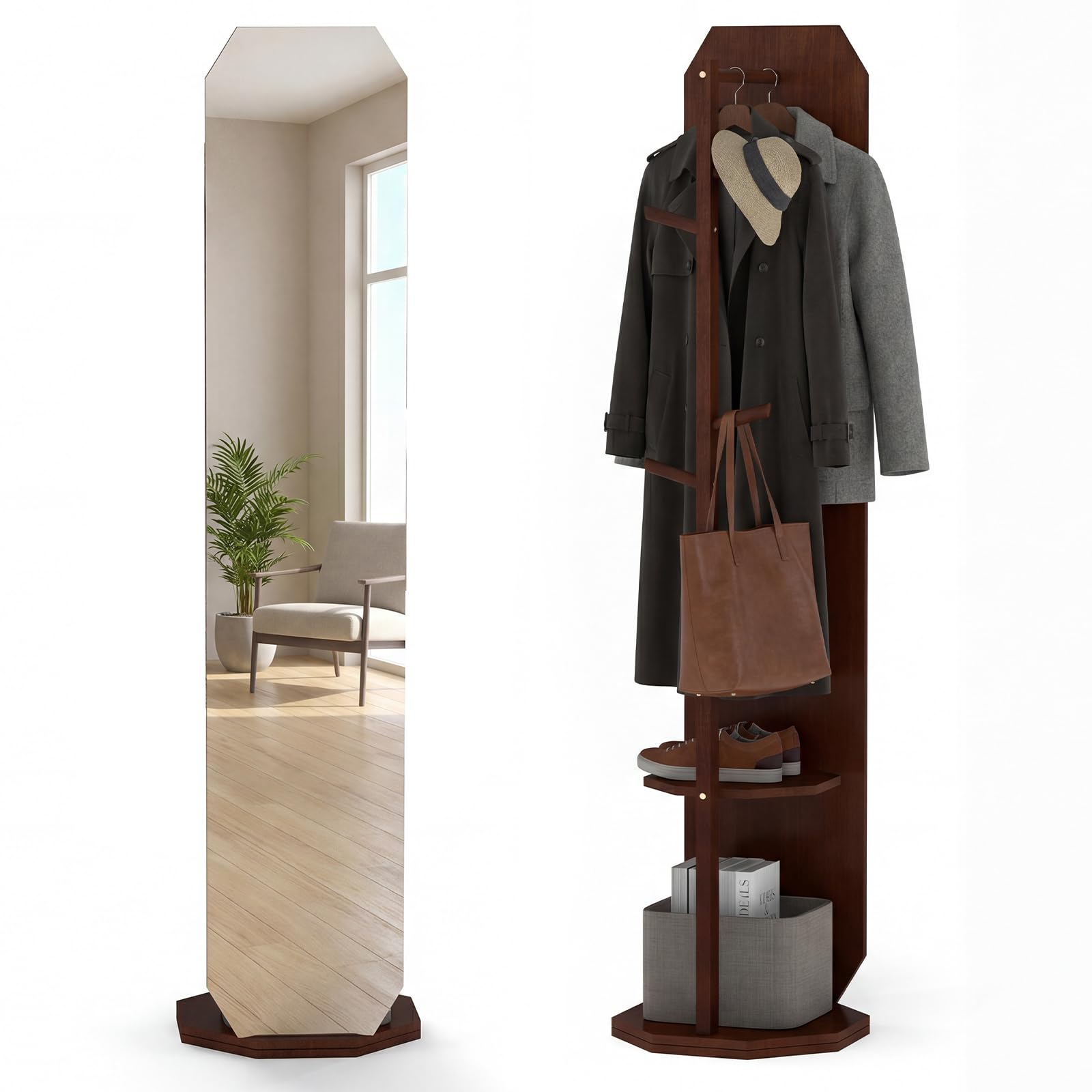 COSTWAY Miroir sur Pied, Grand Miroir avec Porte-Manteau, Base Pivotante à 360°, Cadre en Bois Massif, 2 Étagères de Rangement, 4 Crochets, Barre, pour Chambre Salon (39,5 x 39,5 x 166,5 cm,Noyer)