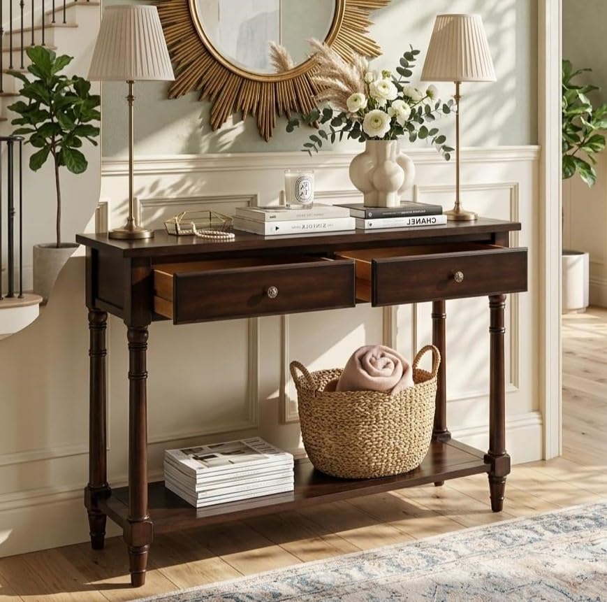 PADMA HOUSE Console Table with 2 Drawers, Small Sofa Table with Shelves, Entrance Table, Hallway Table for Living Room, Office, 90 x 35 x 76.5 cm (Walnut)